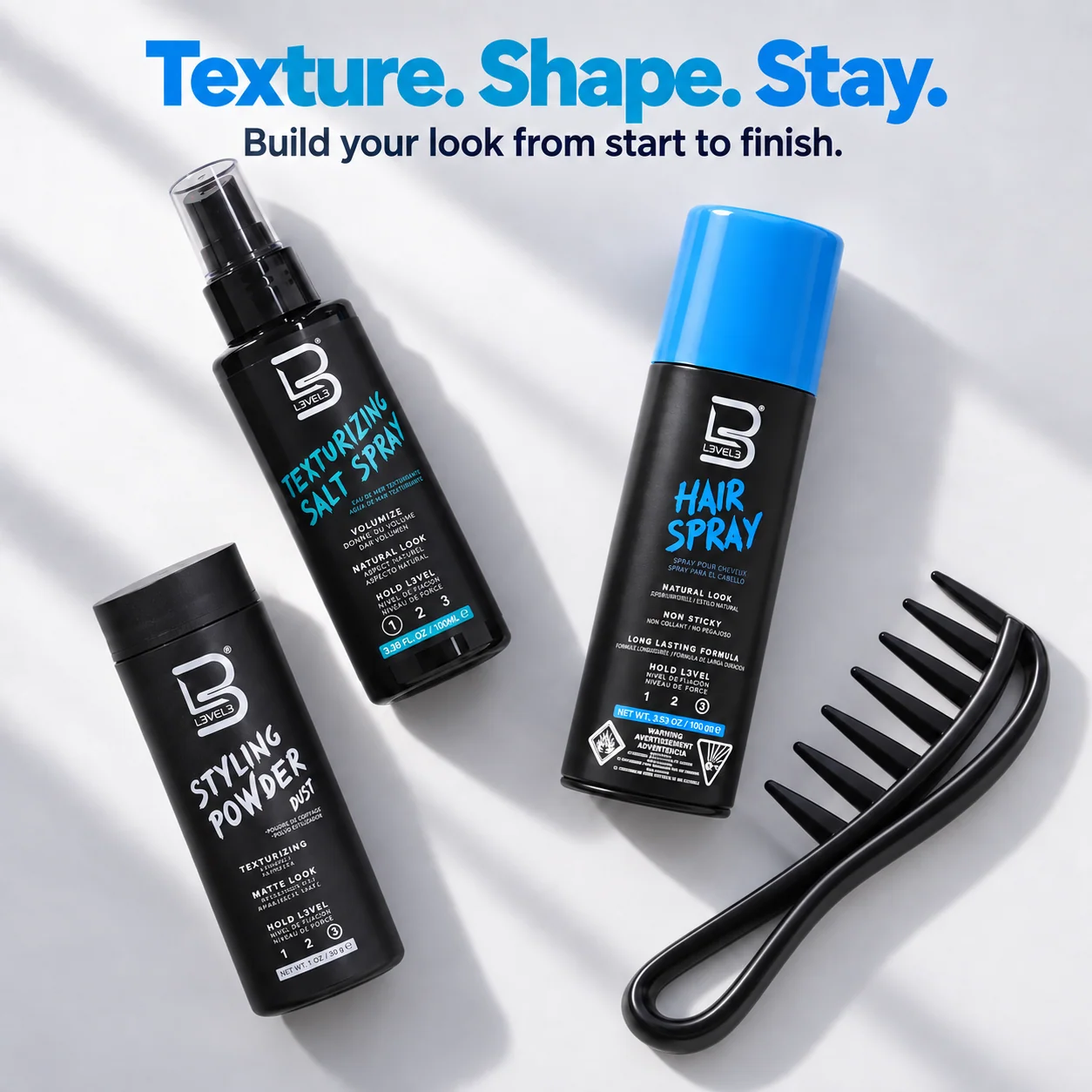 Zestaw do stylizacji – puder do stylizacji, spray solny, lakier do włosów i grzebień do stylizacji
