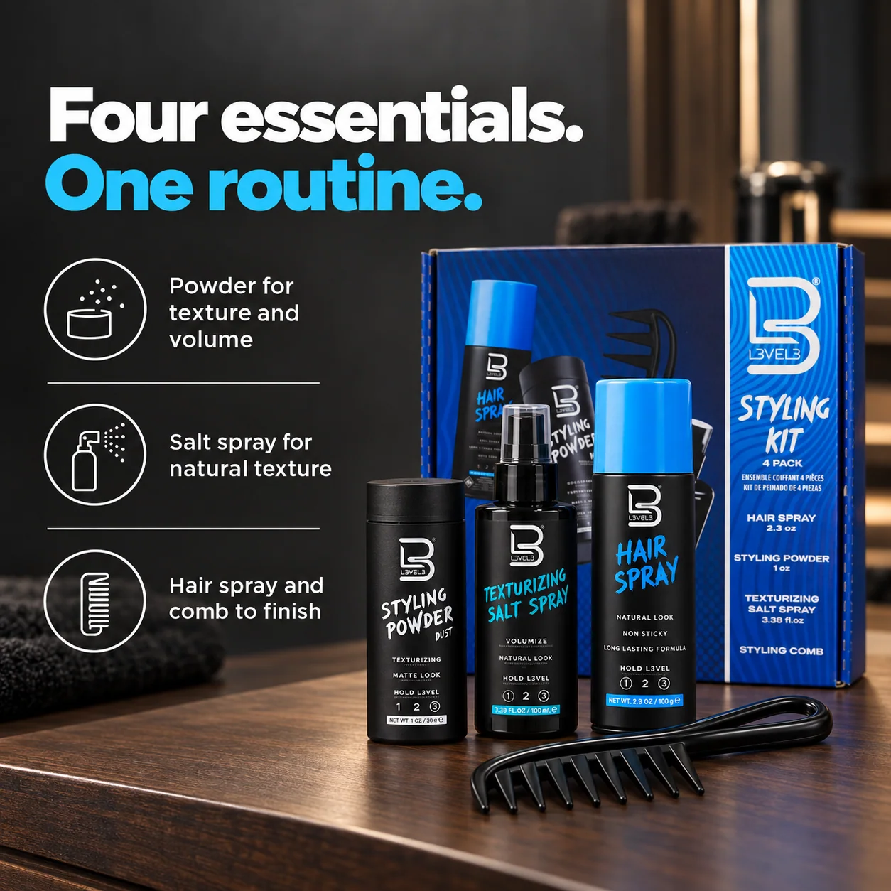 Kit de Styling – Polvo de Styling, Spray de Sal, Laca y Peine de Styling