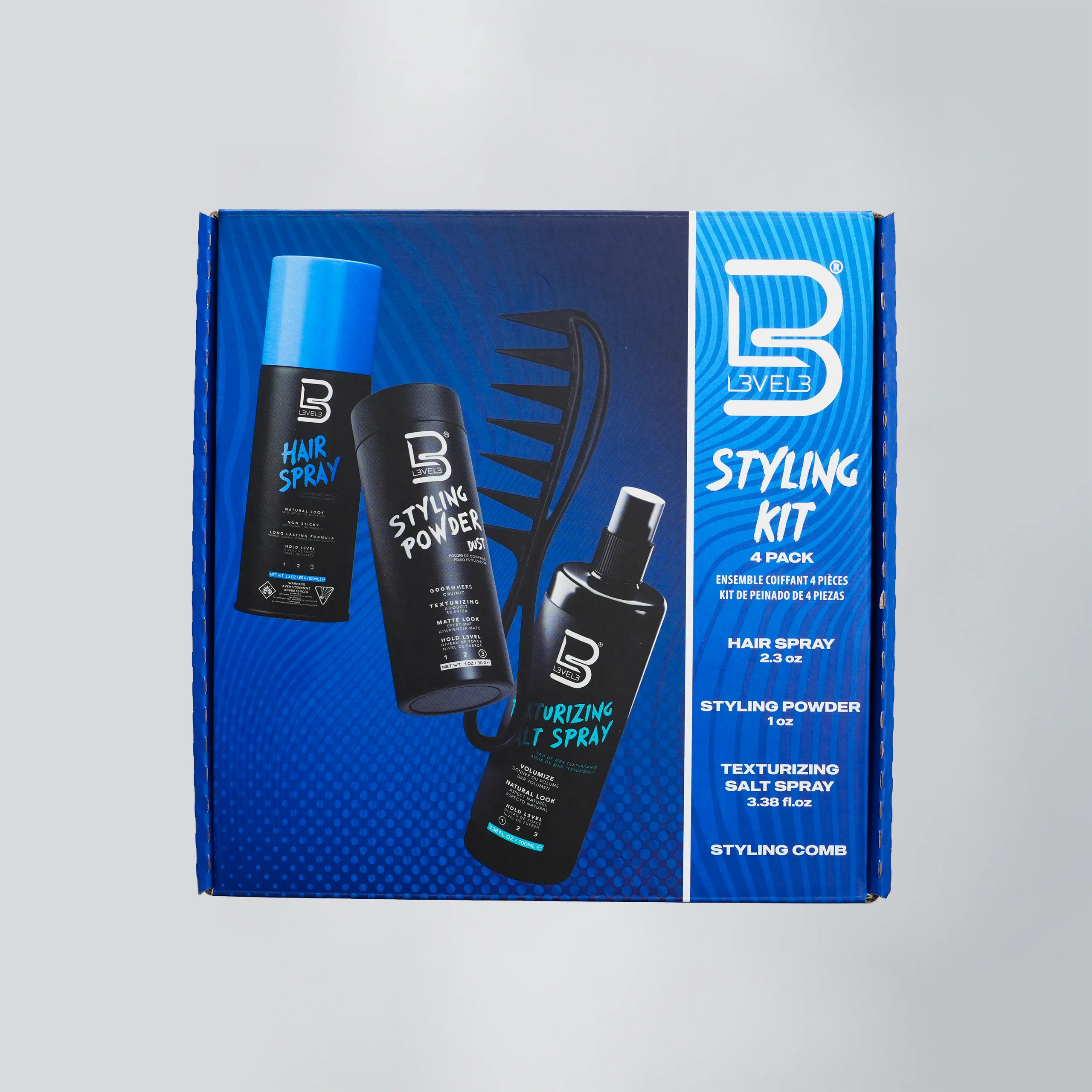 Zestaw do stylizacji – puder do stylizacji, spray solny, lakier do włosów i grzebień do stylizacji