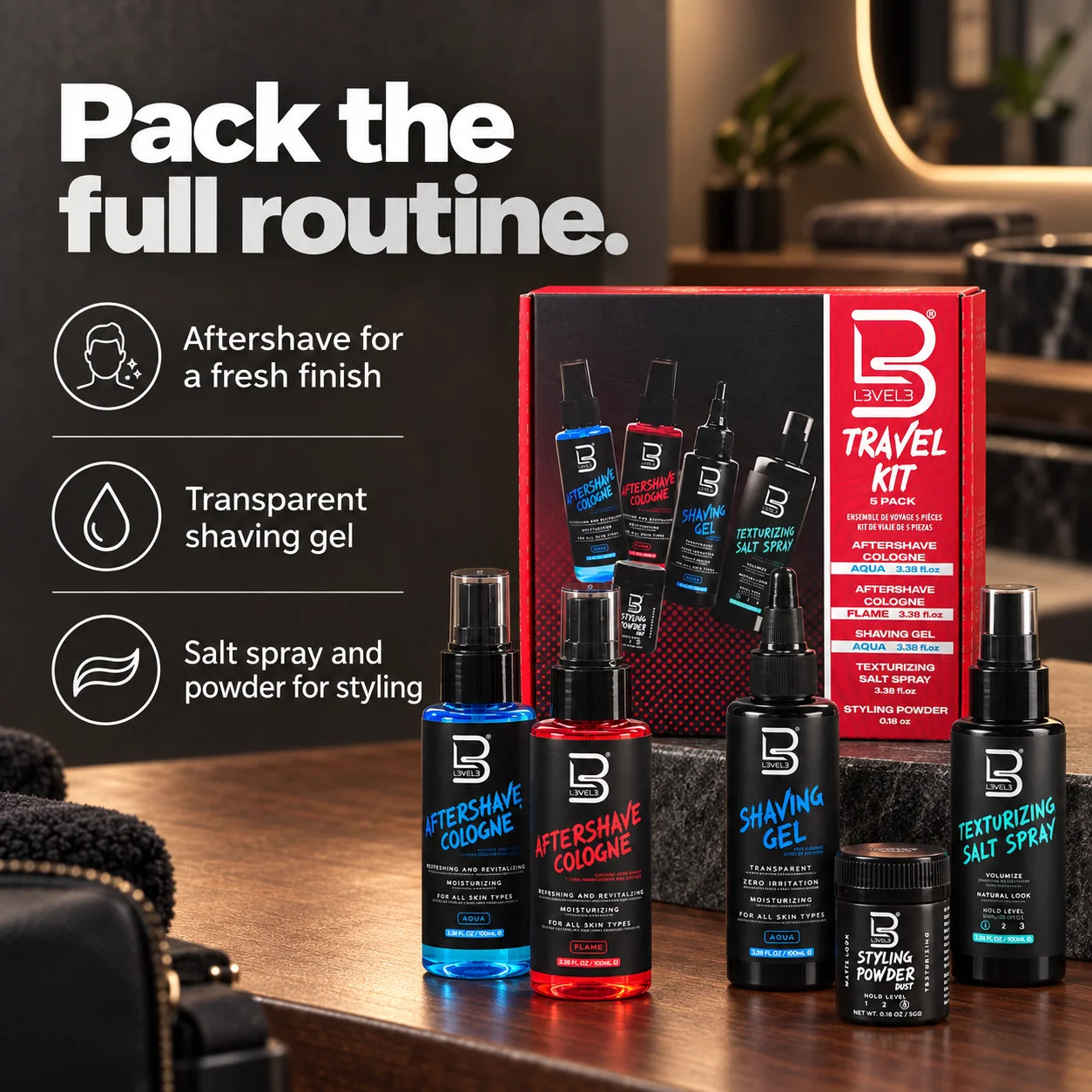 Rejsesæt – Aftershave Cologne, Shaving Gel, Salt Spray & Styling Powder